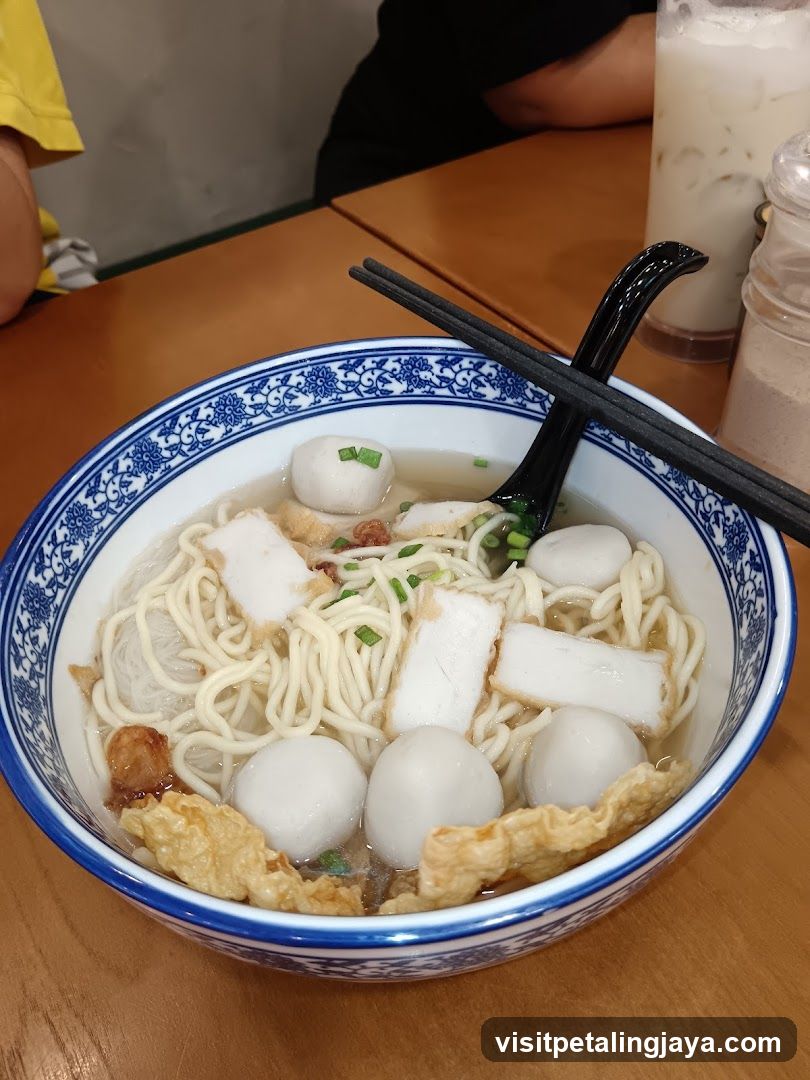 Bowl of Noodle Soup with Fish Balls and Tofu