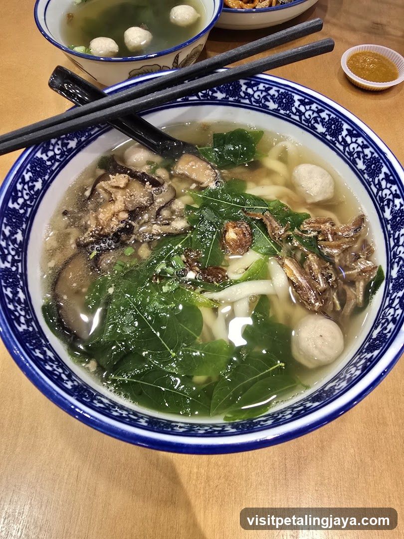 Bowl of Noodle Soup with Meatballs and Greens