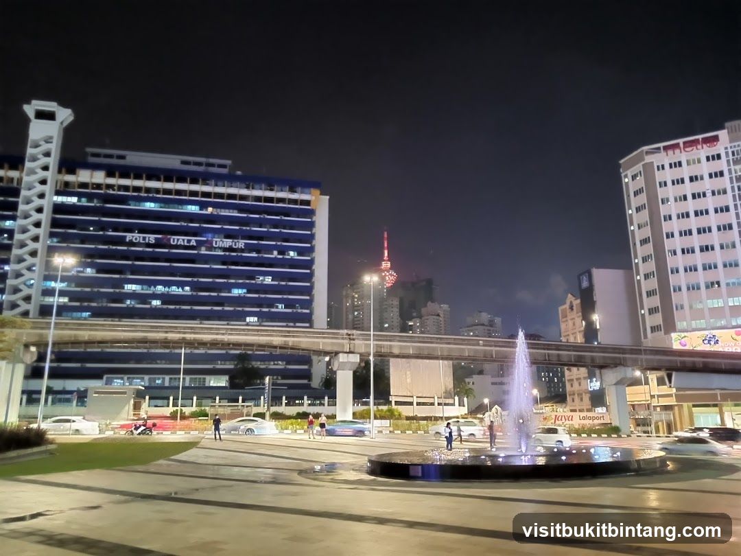 Cityscape at Night with Fountain