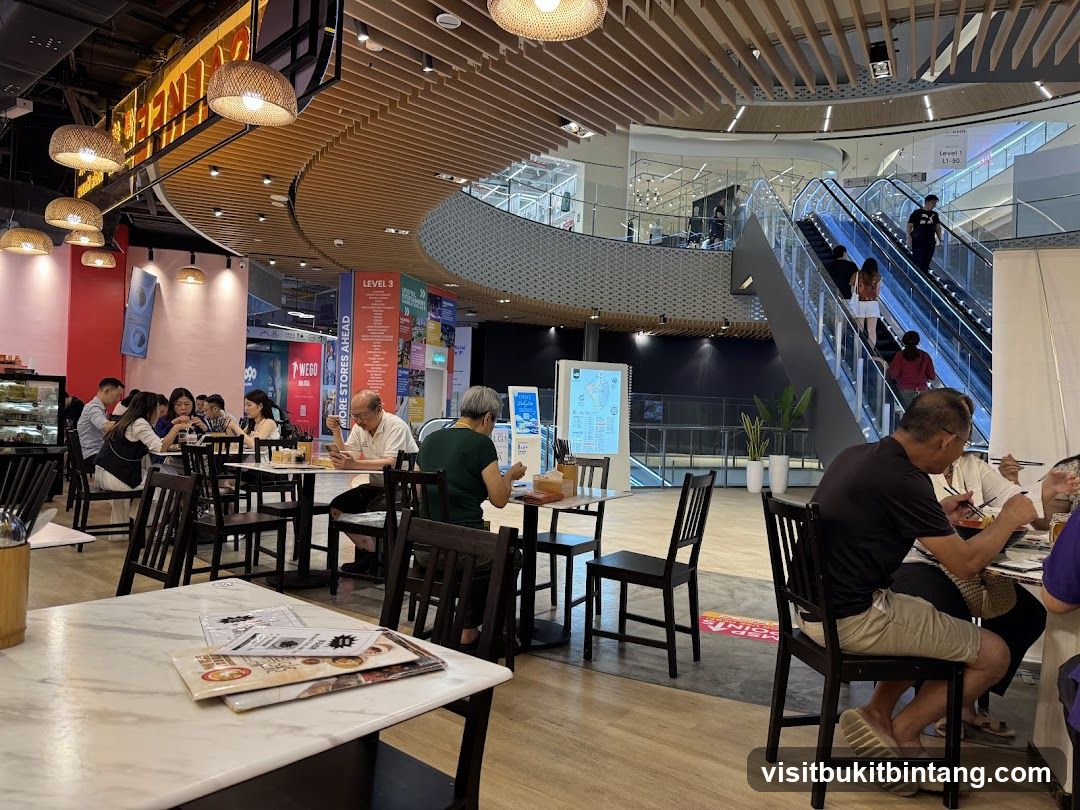 Restaurant Interior with Diners and Escalators