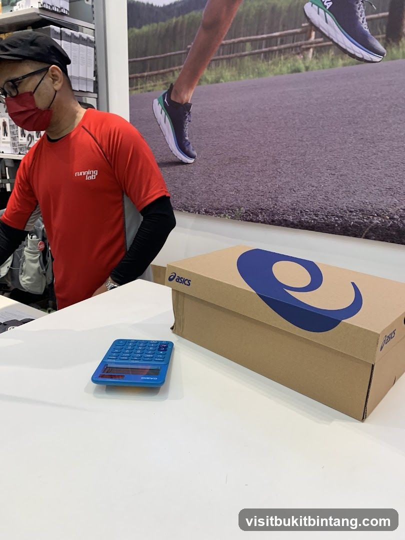 Store counter with shoe box and calculator