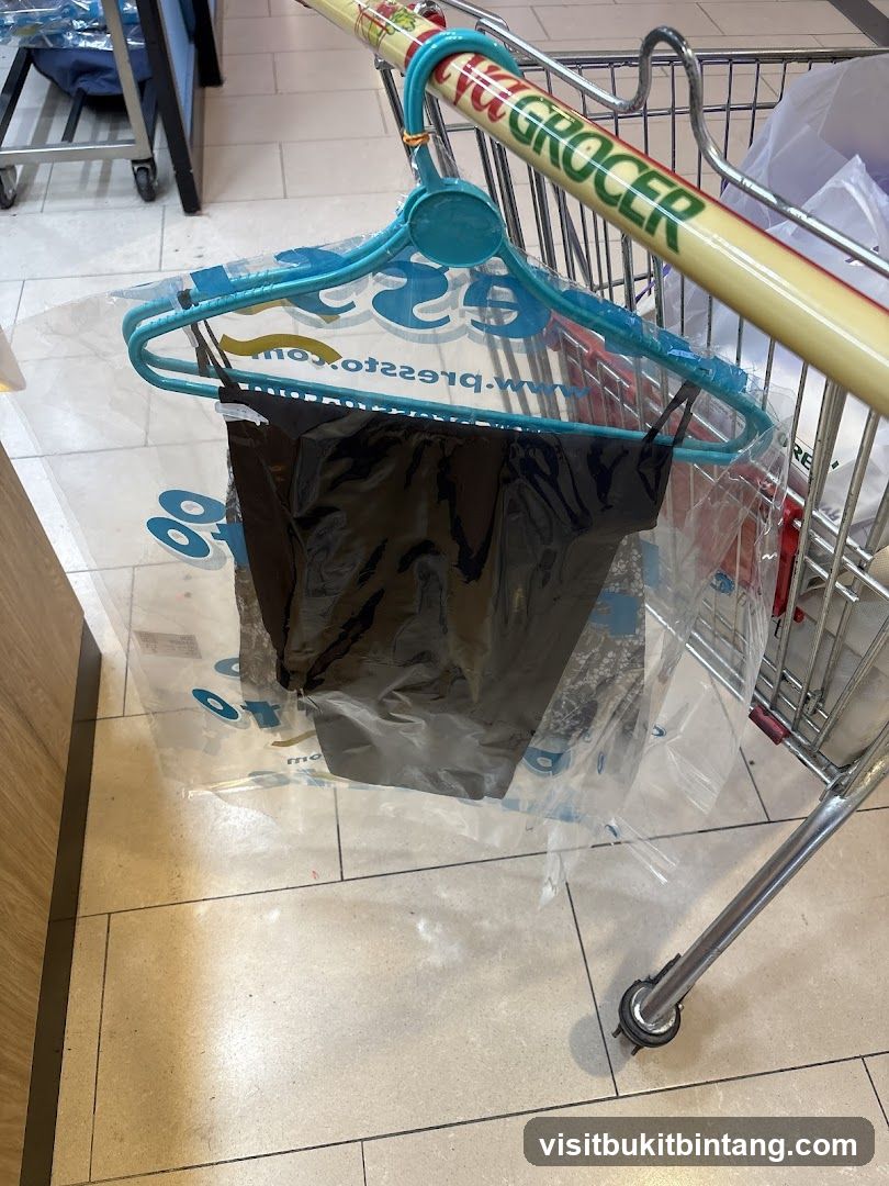 Black garment on hanger in plastic bag