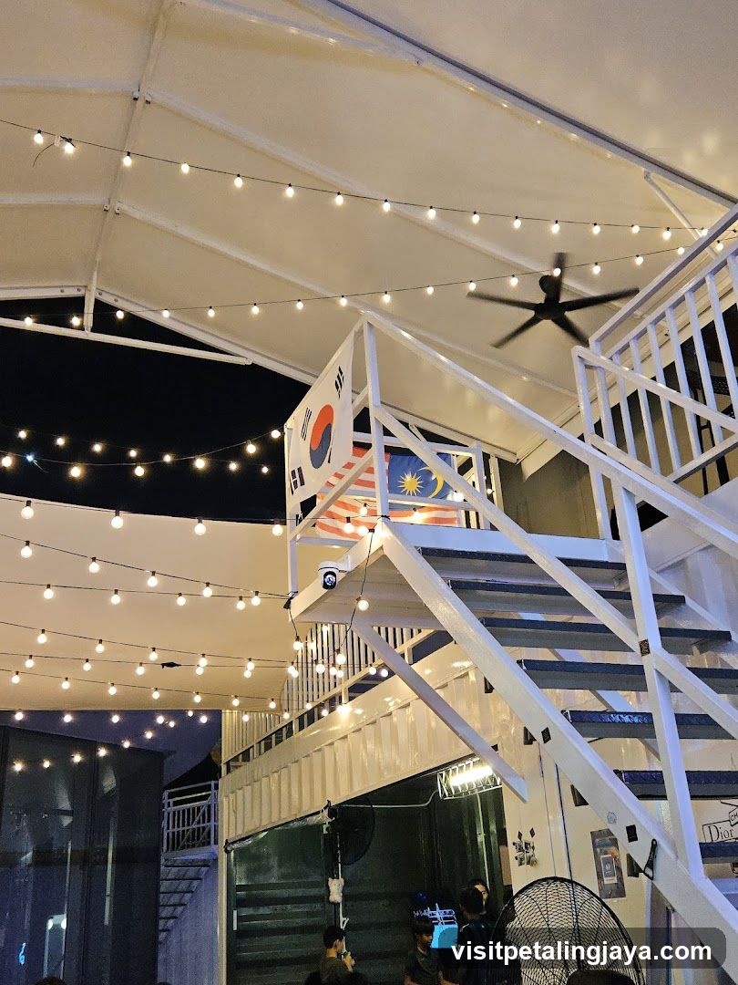 Outdoor Night Scene with Flags and Stairs