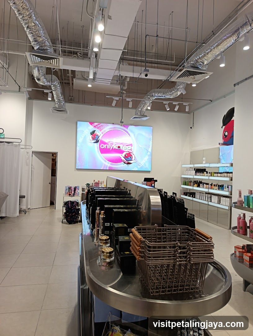 Interior of a retail store with product displays and digital signage