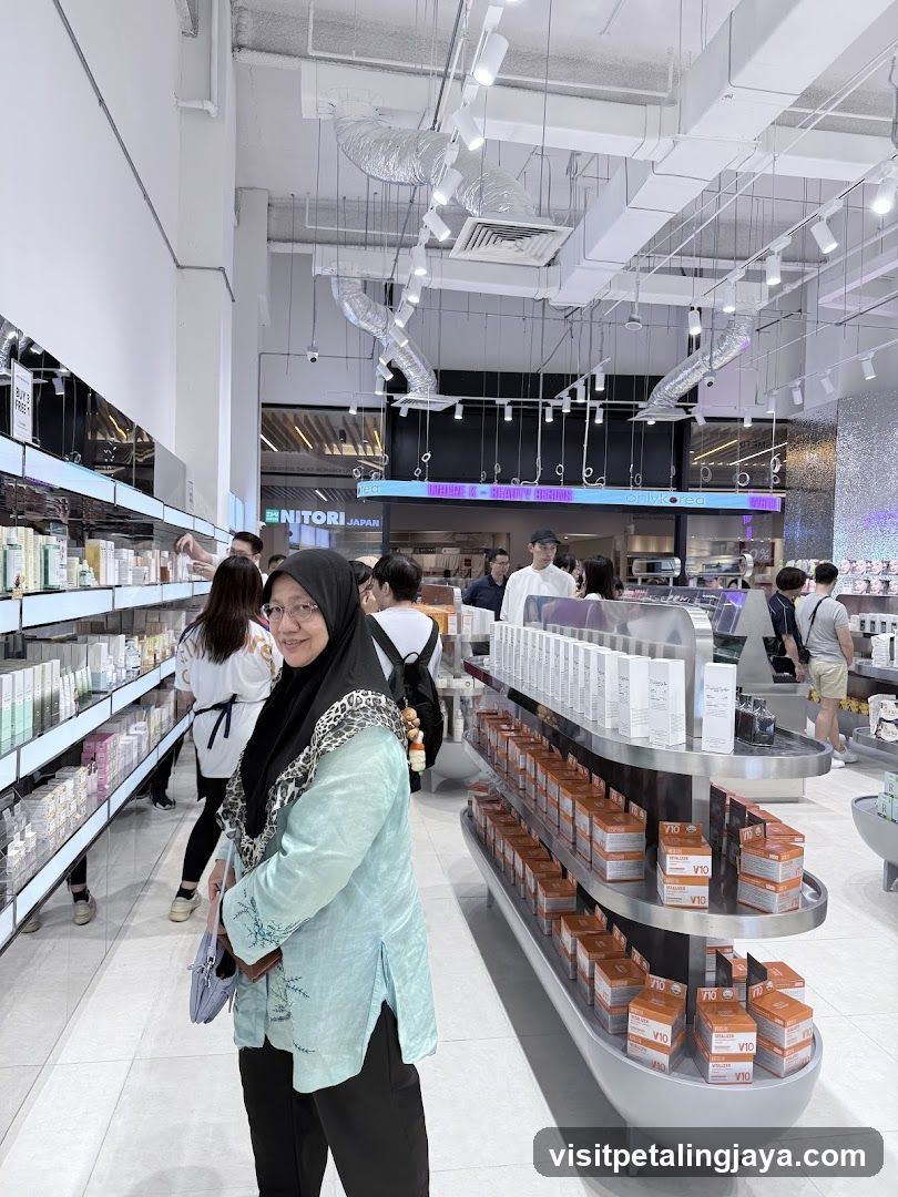 Interior of a retail store with product displays and shoppers