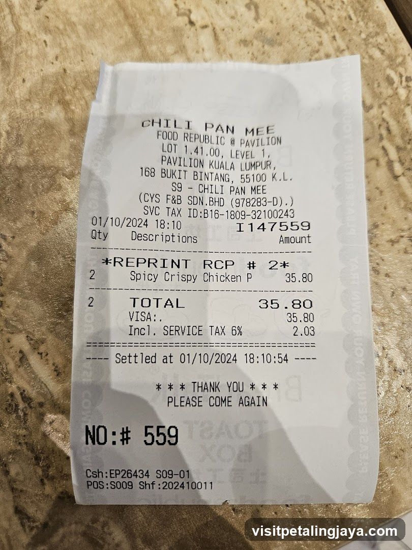 Receipt from Chili Pan Mee