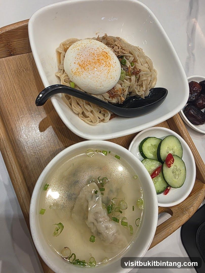 Noodle Dish with Egg and Dumpling Soup