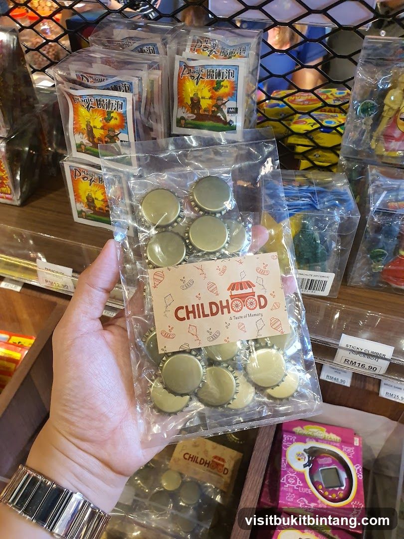 Bag of bottle caps with "CHILDHOOD" branding