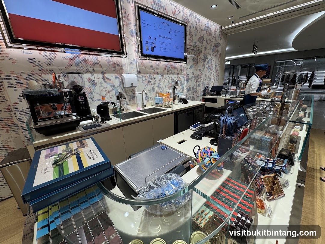 Dessert counter with chocolates and coffee machine