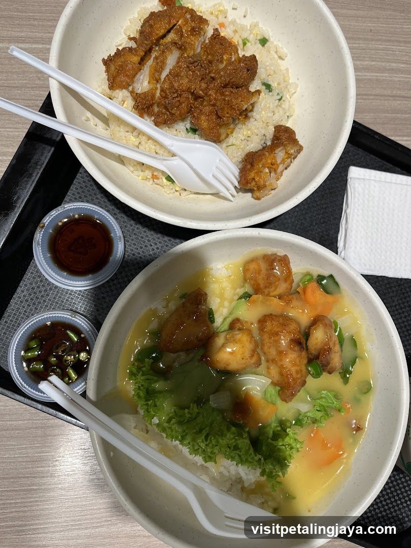 Food Tray with Rice Bowls and Sauces