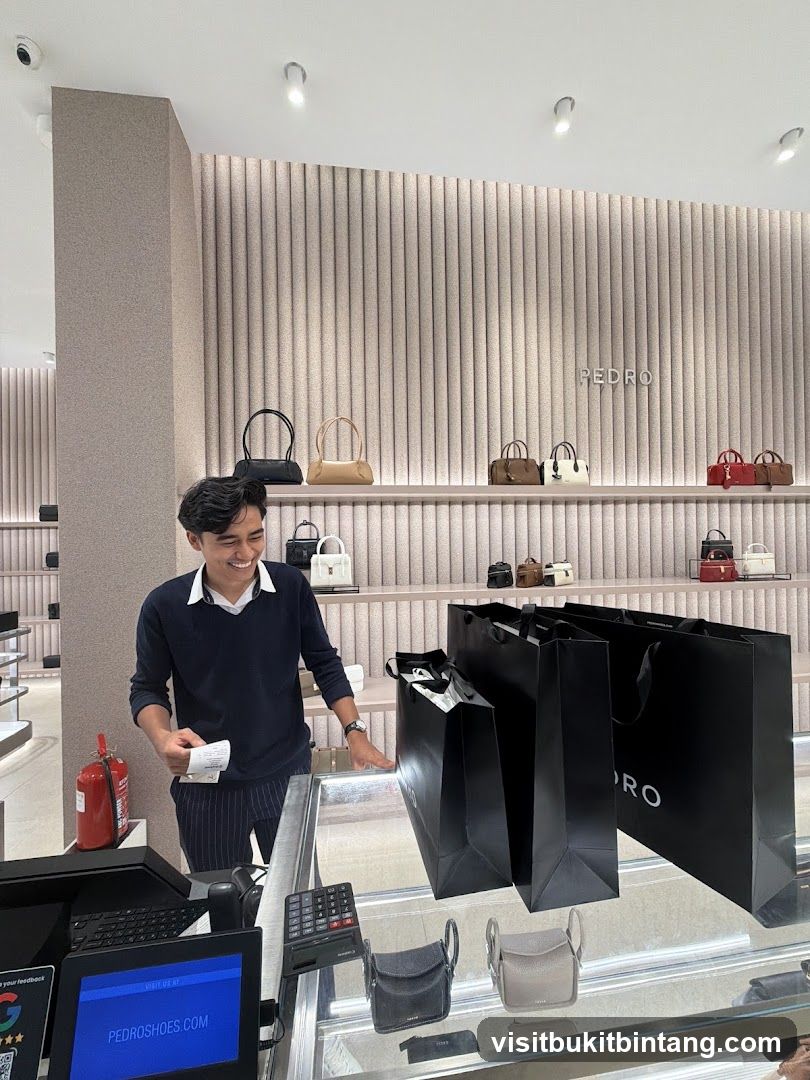 Man at Checkout Counter with Shopping Bags