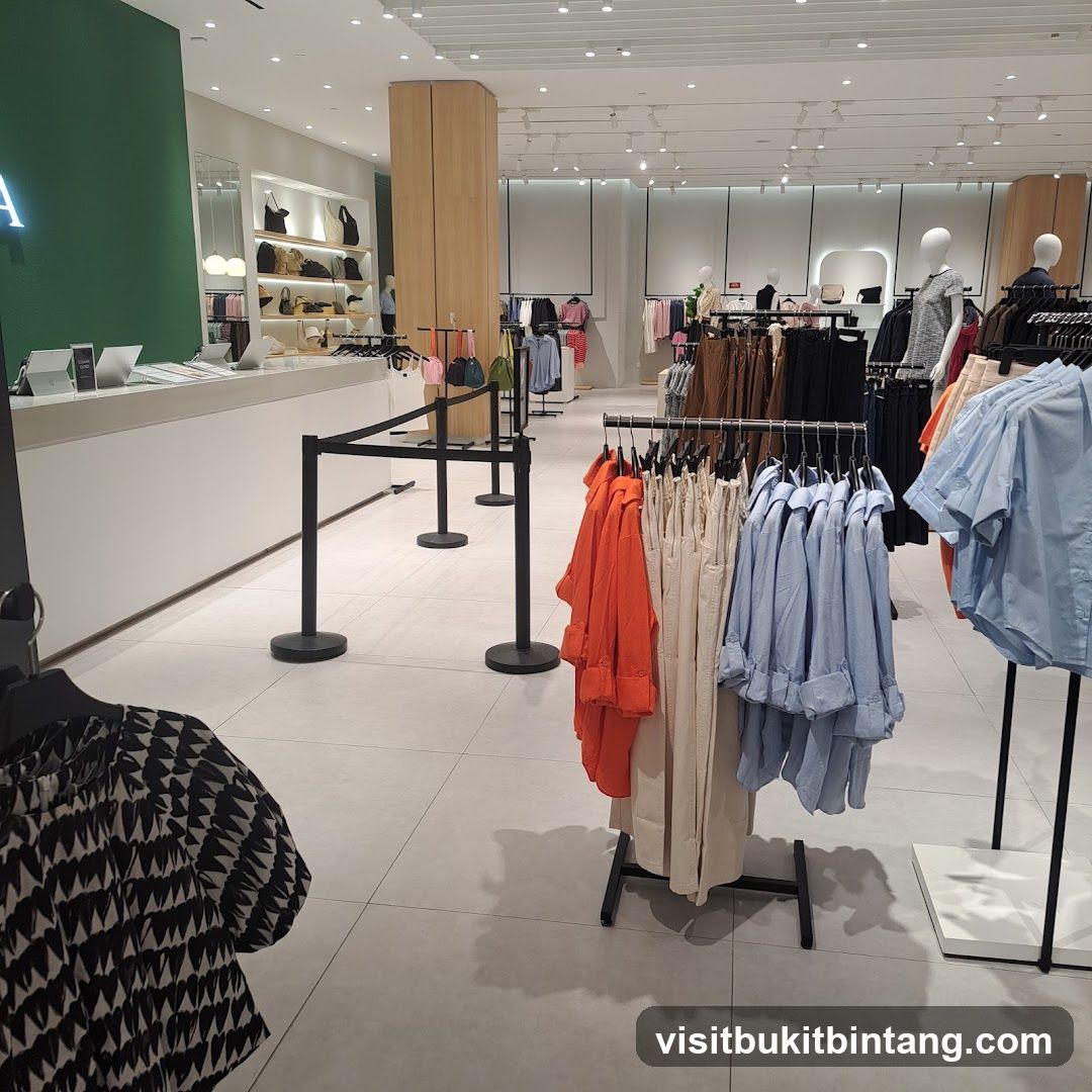 Clothing store interior with racks of apparel