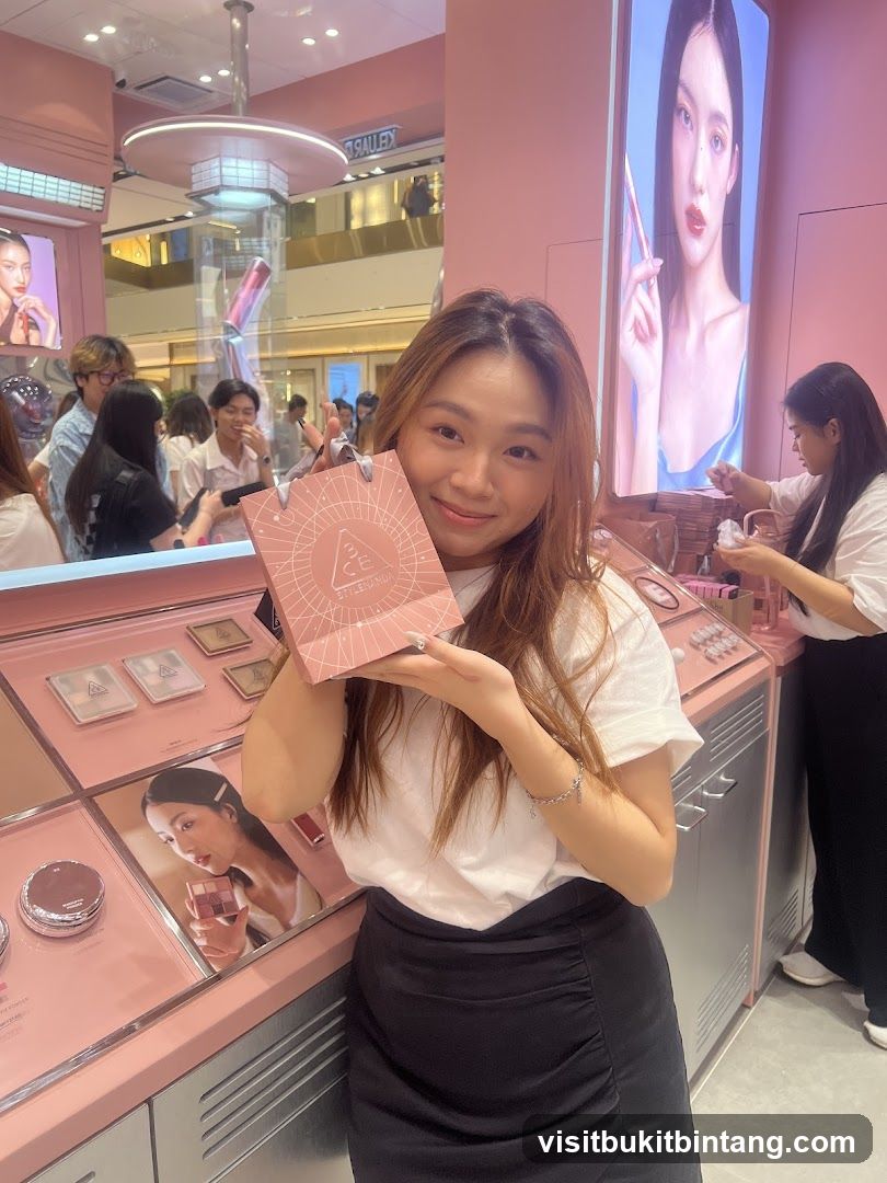 Woman holding a gift bag in a cosmetics store
