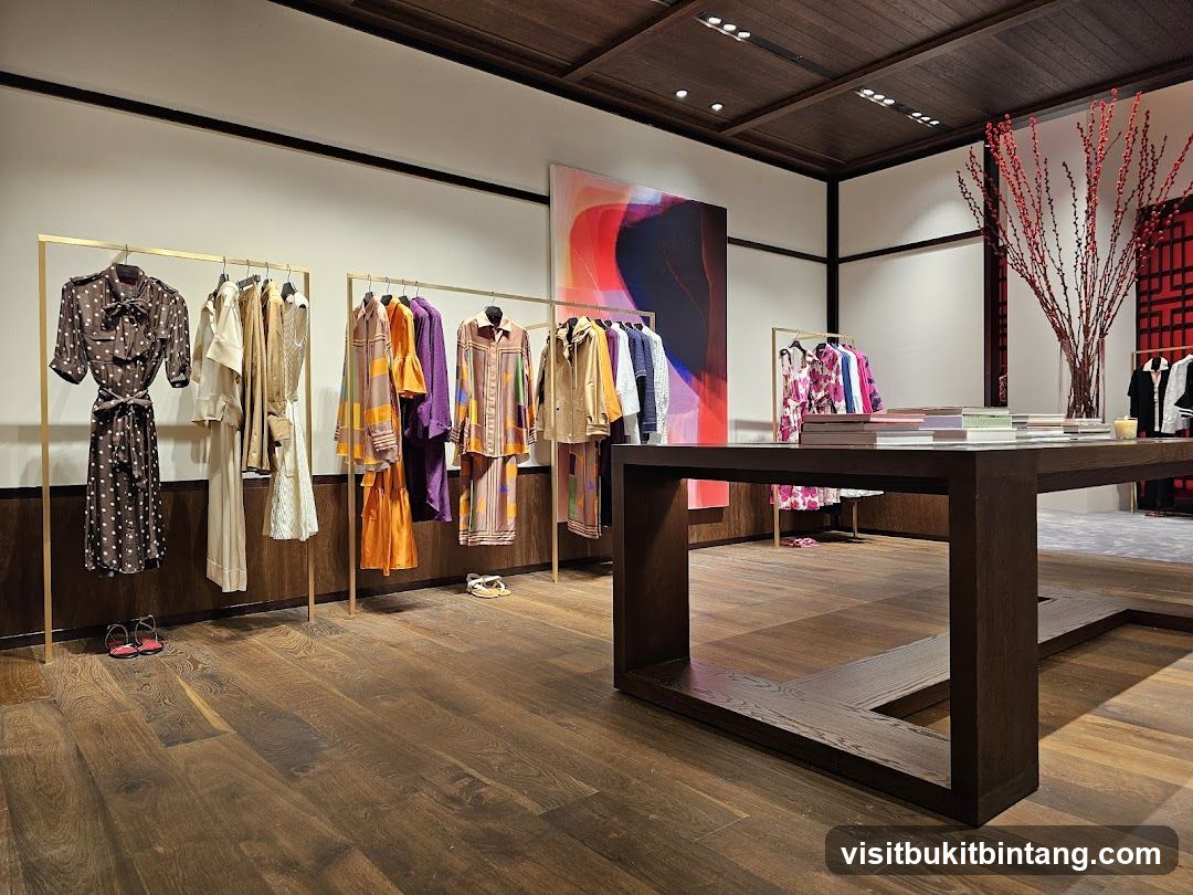 Clothing store interior with racks of apparel