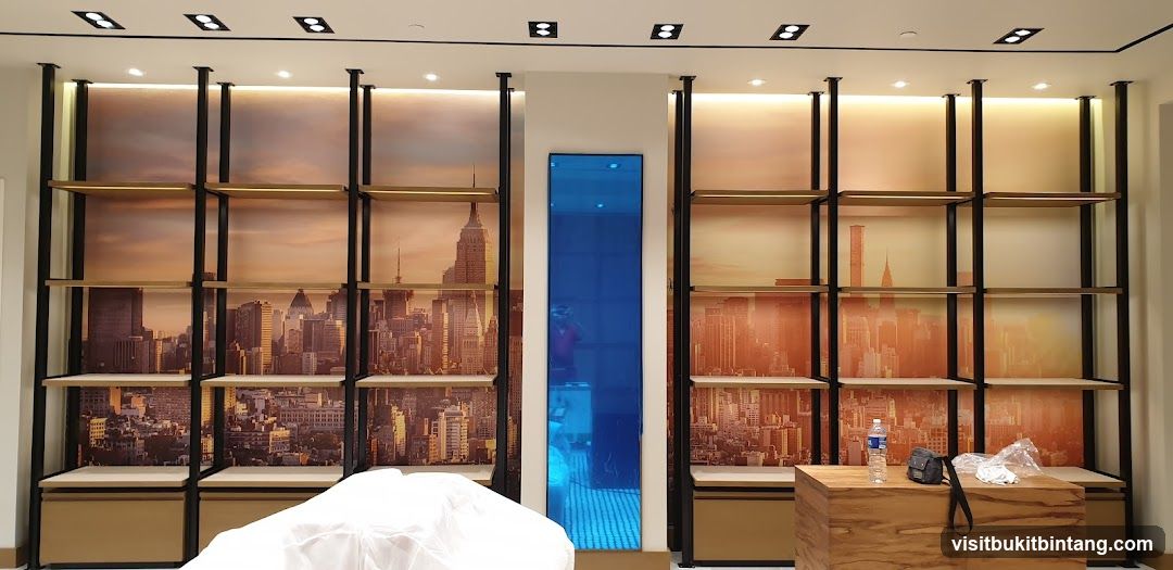 Store Interior with Cityscape Wallpaper