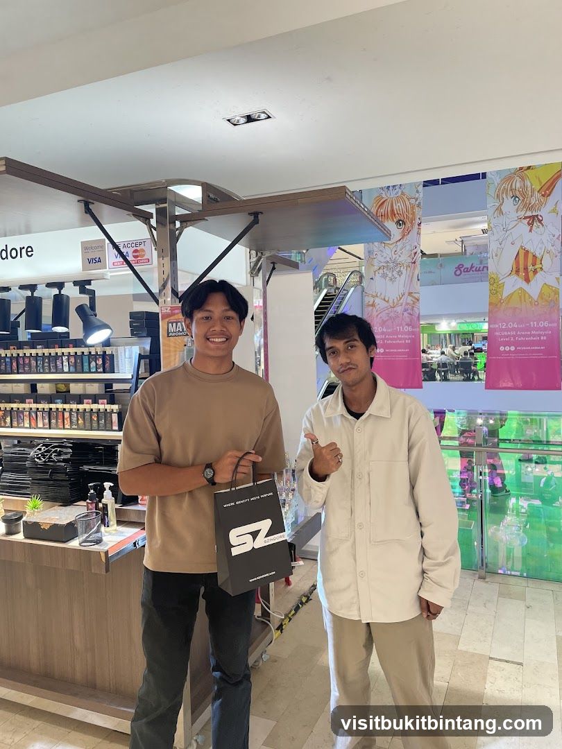 Two men posing with a shopping bag