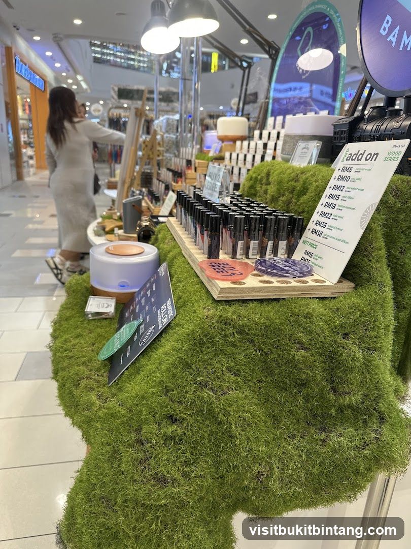 A display of essential oil roller bottles and diffusers