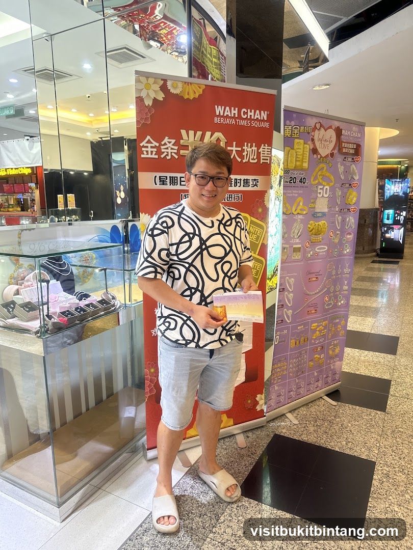 Man holding a voucher in front of jewelry store banners