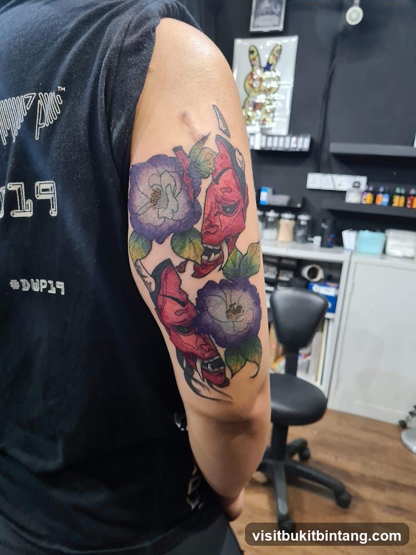 Tattooed Arm with Oni Masks and Flowers