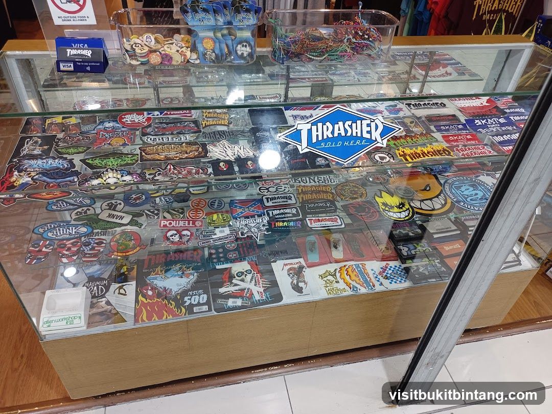 Display Case with Stickers and Merchandise