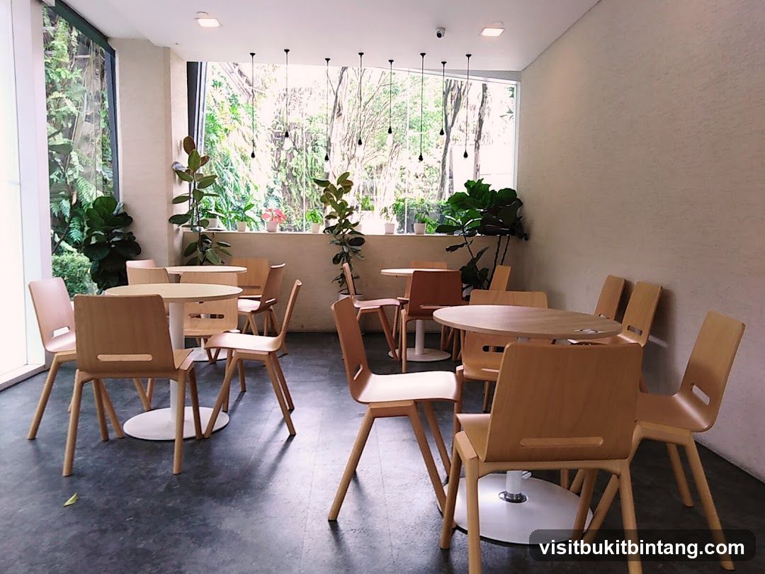 Cafe Interior with Wooden Furniture and Plants