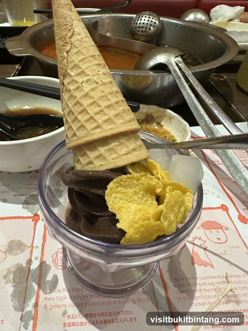 Dessert with Ice Cream Cones and Hot Pot