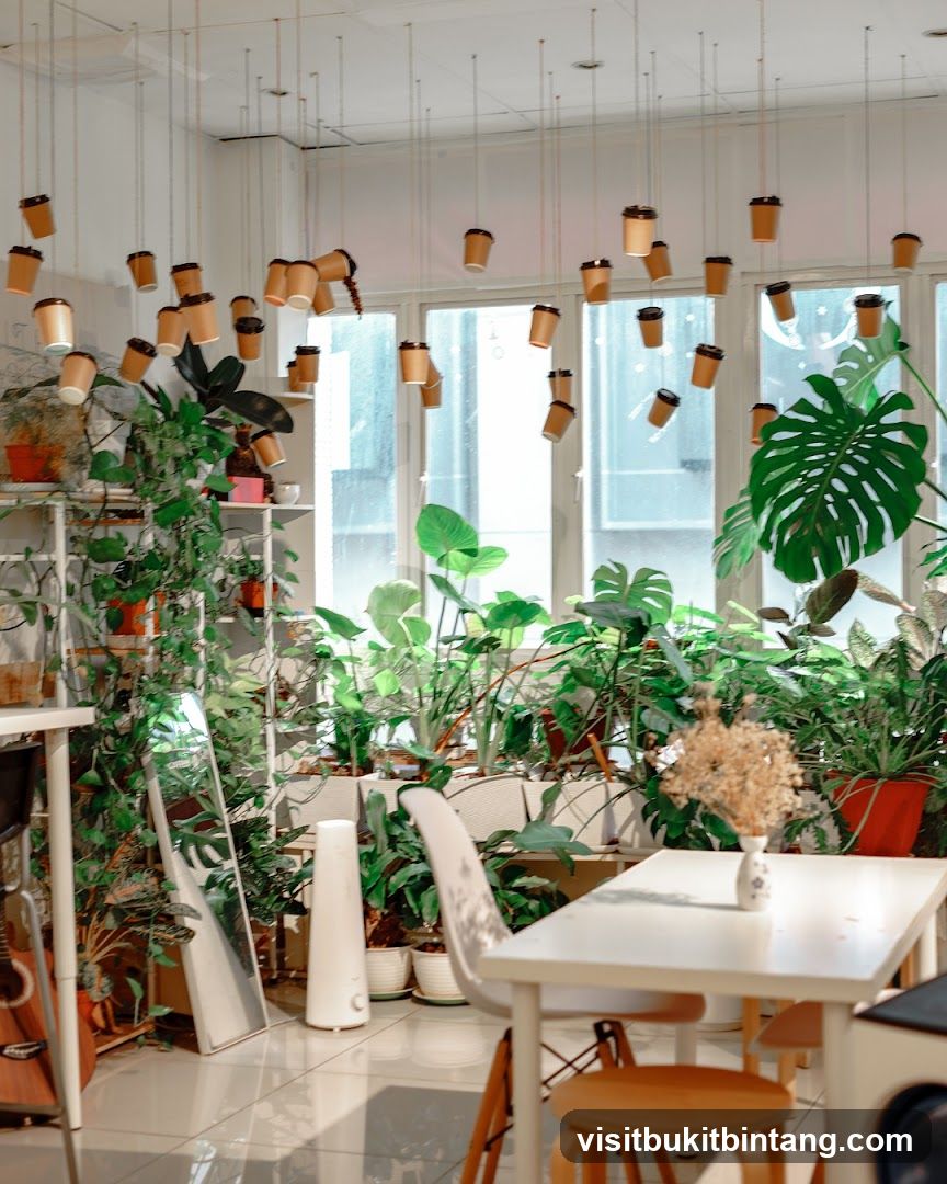 Indoor cafe with hanging coffee cups and plants
