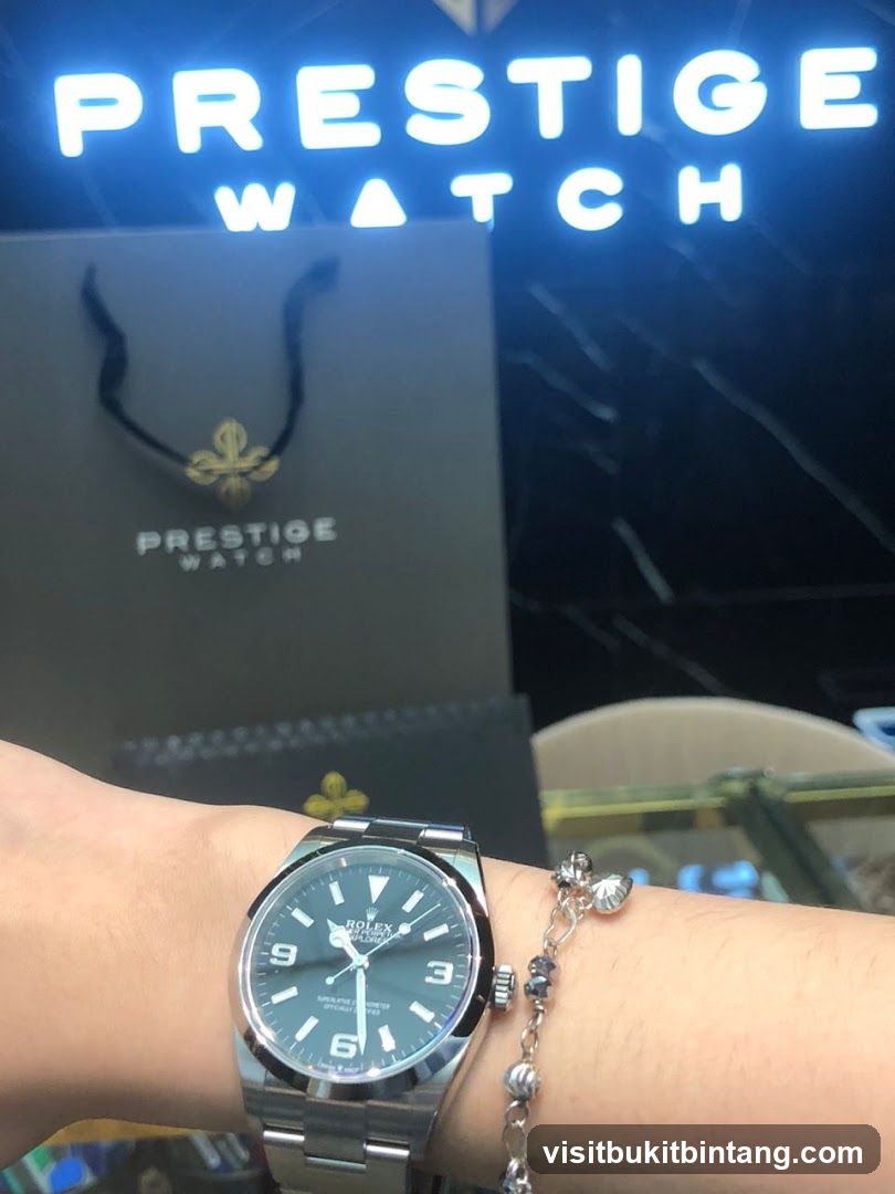 Watch on wrist with shopping bag and store sign