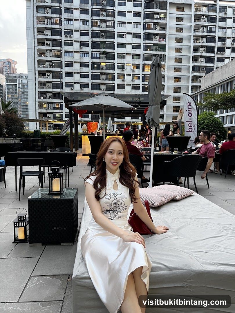 Woman in Cheongsam at Rooftop Bar