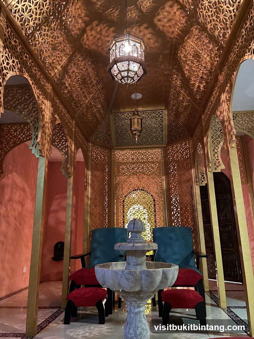 Moroccan-style seating area with fountain