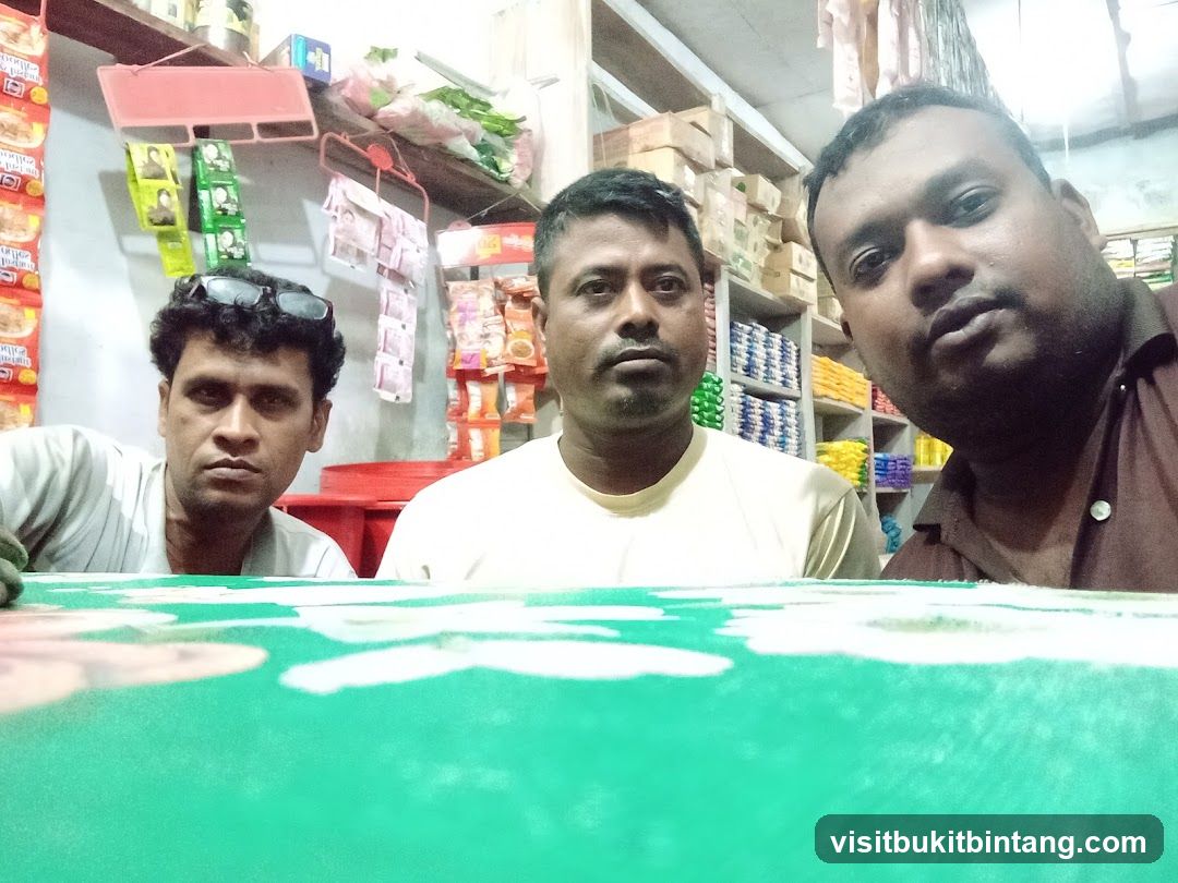 Three men in a shop