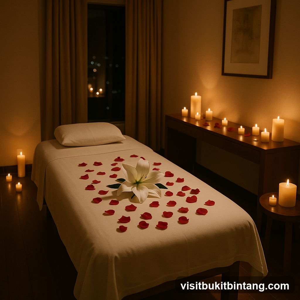 Massage table decorated with rose petals and a lily