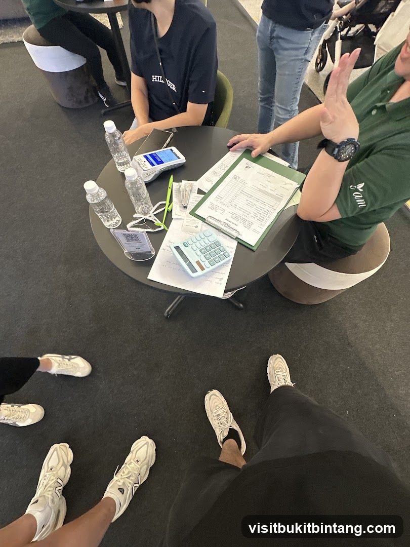 People gathered around a table with documents and a calculator