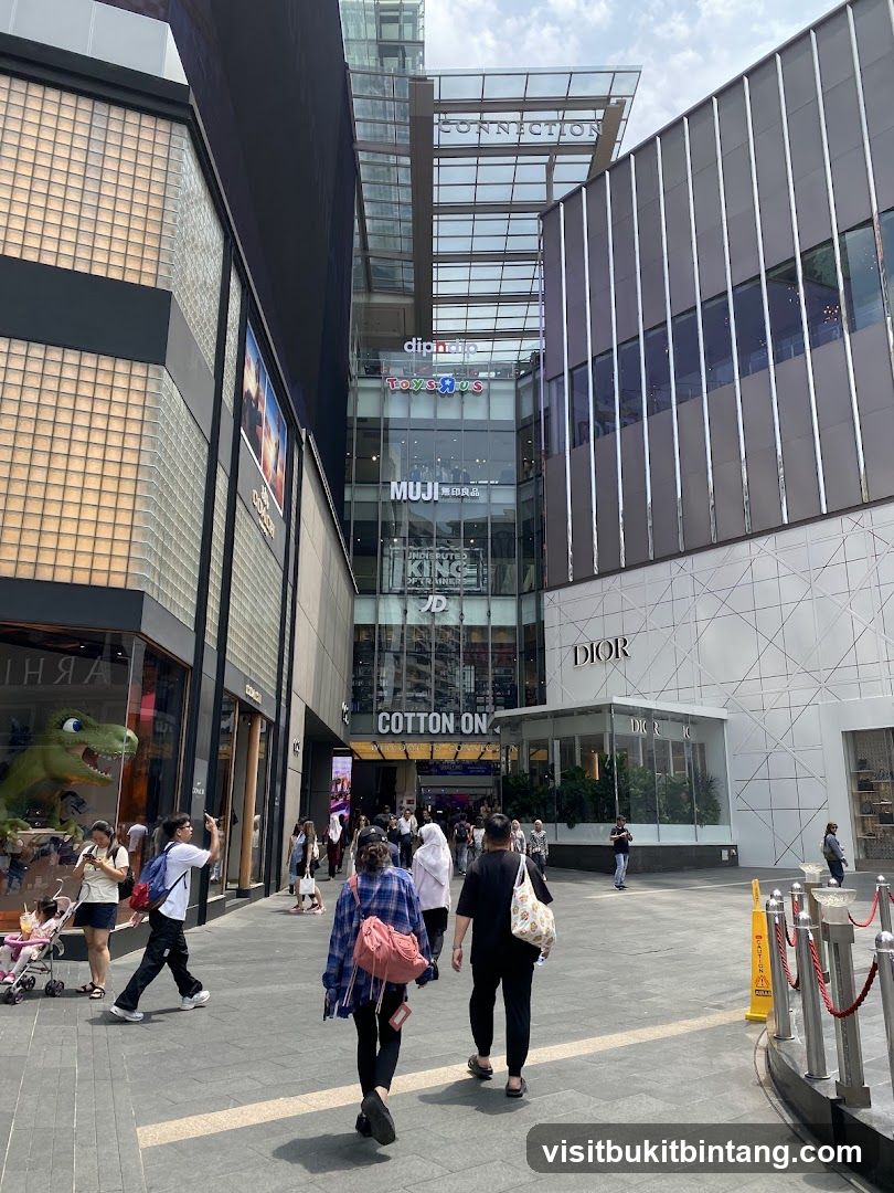 Outdoor shopping area with various stores