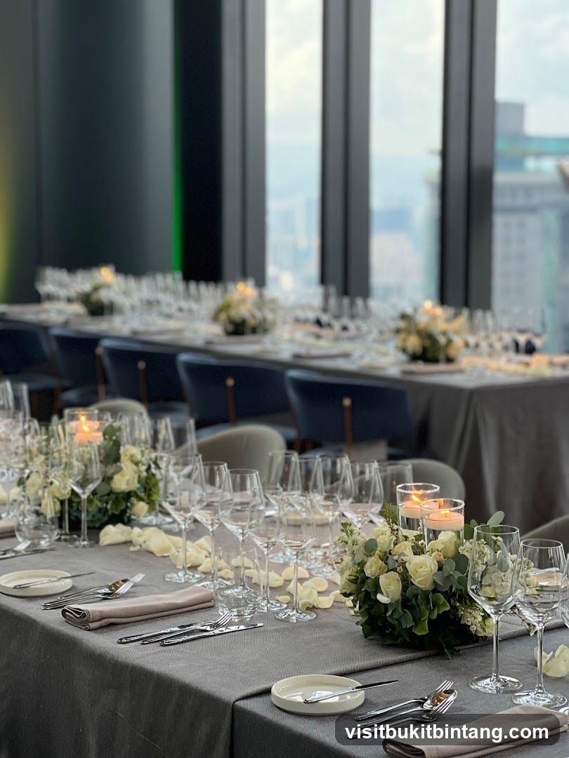 Elegant Table Setting with Floral Centerpieces and City View