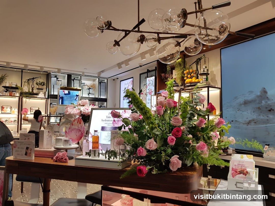 Cosmetics store interior with floral display