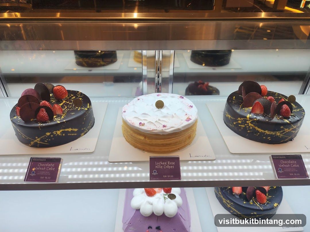 Cakes in a display case
