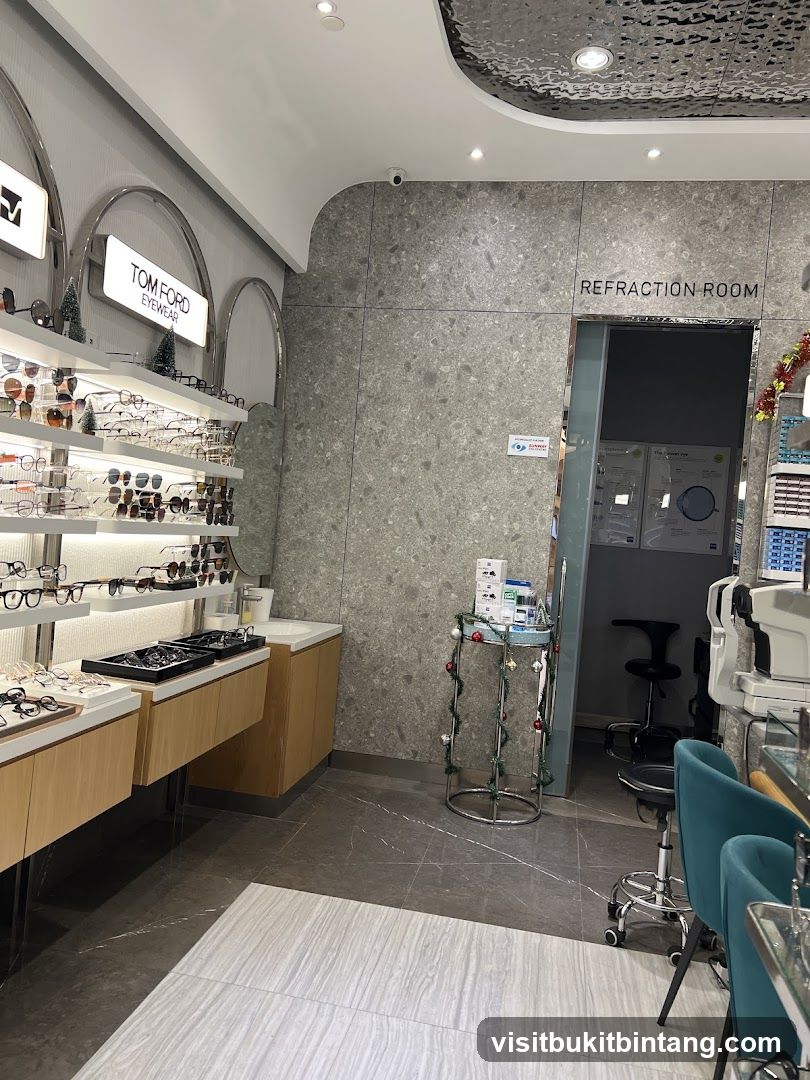 Eyewear store interior with display shelves and refraction room