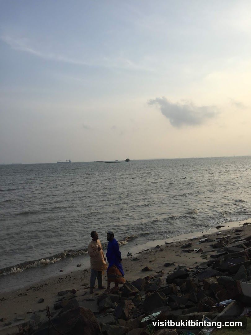 Two men talking on a beach with ships in the distance