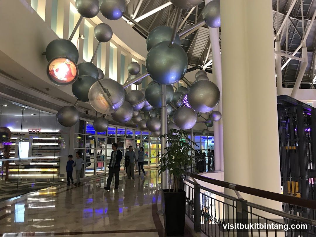 Interior of a shopping mall with a large molecular sculpture