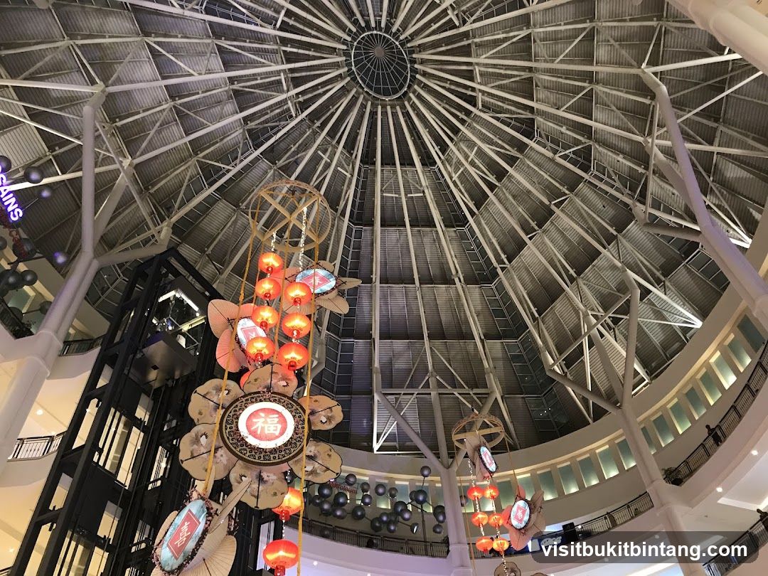 Interior of a large building with a domed ceiling and hanging decorations