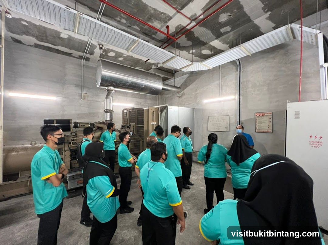 Group observing industrial equipment