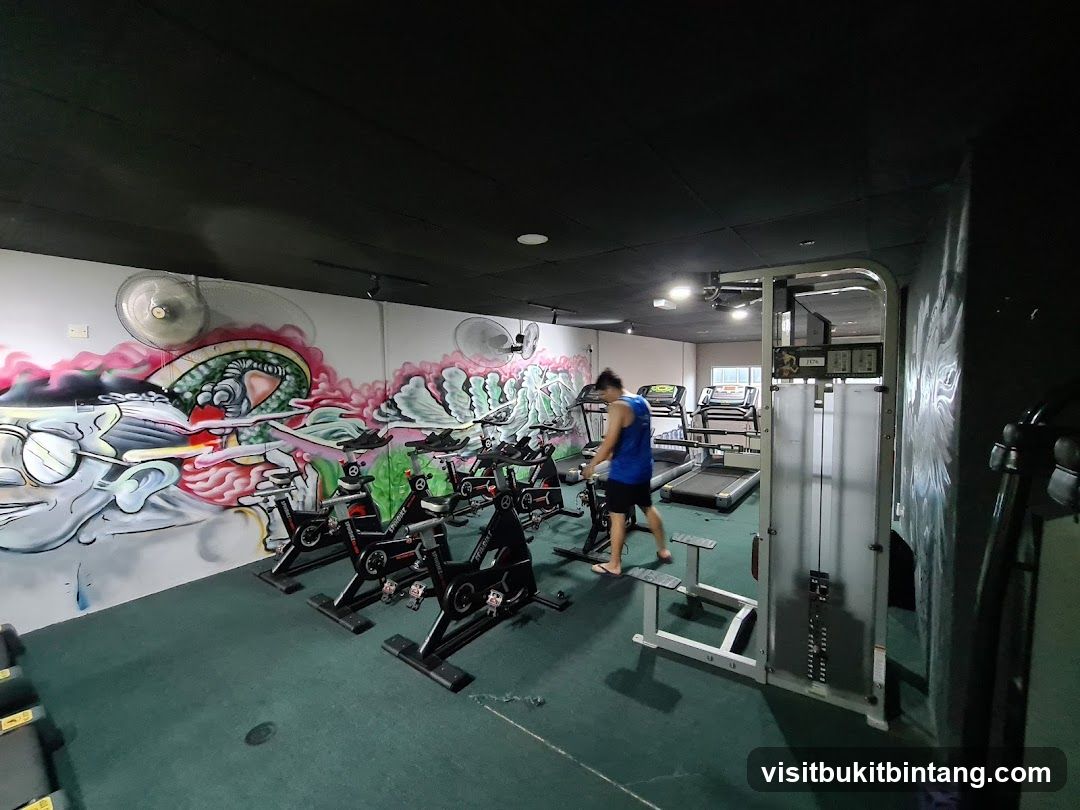 Gym Interior with Exercise Equipment and Graffiti
