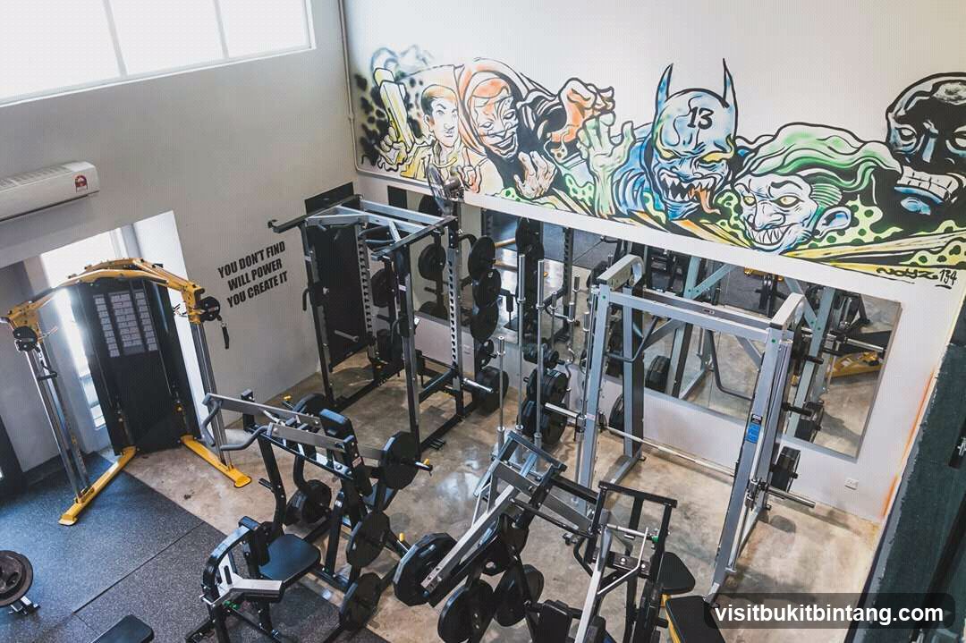 Gym Interior with Weightlifting Equipment and Graffiti