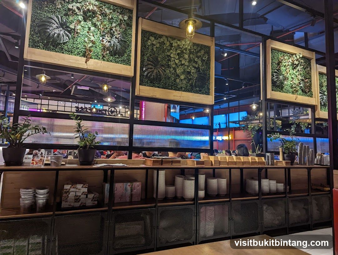 Restaurant Interior with Greenery and Shelving
