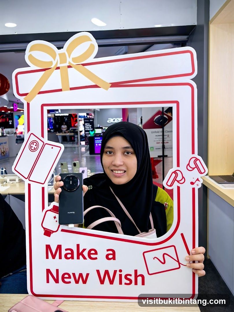 Woman holding a Huawei phone in a gift-themed photo frame