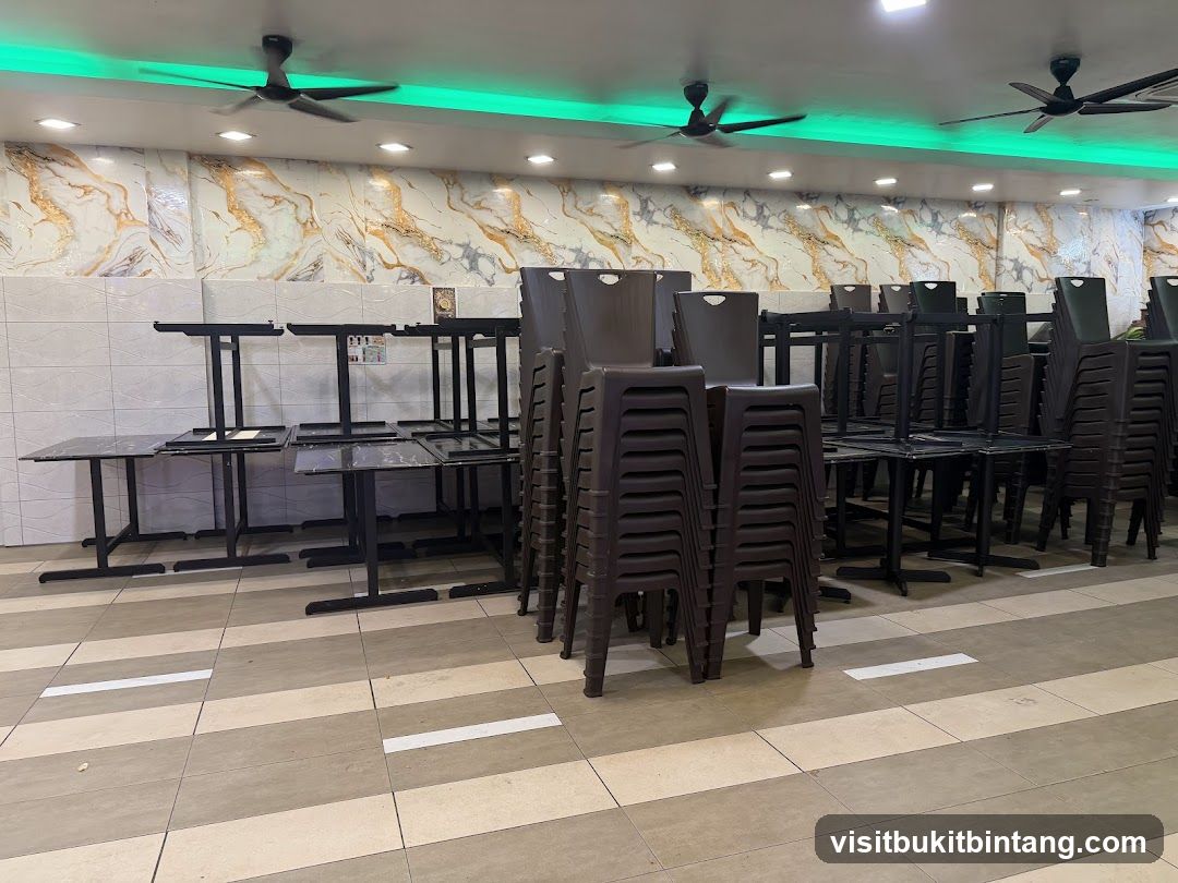Restaurant Interior with Stacked Chairs and Tables