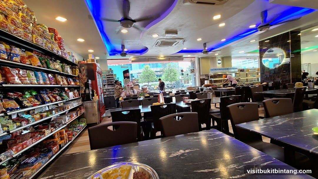 Interior of a restaurant with shelves of snacks