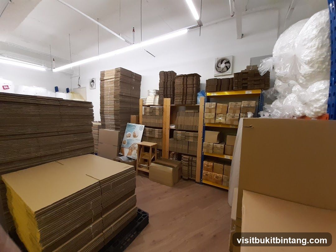 Warehouse interior with stacks of cardboard boxes