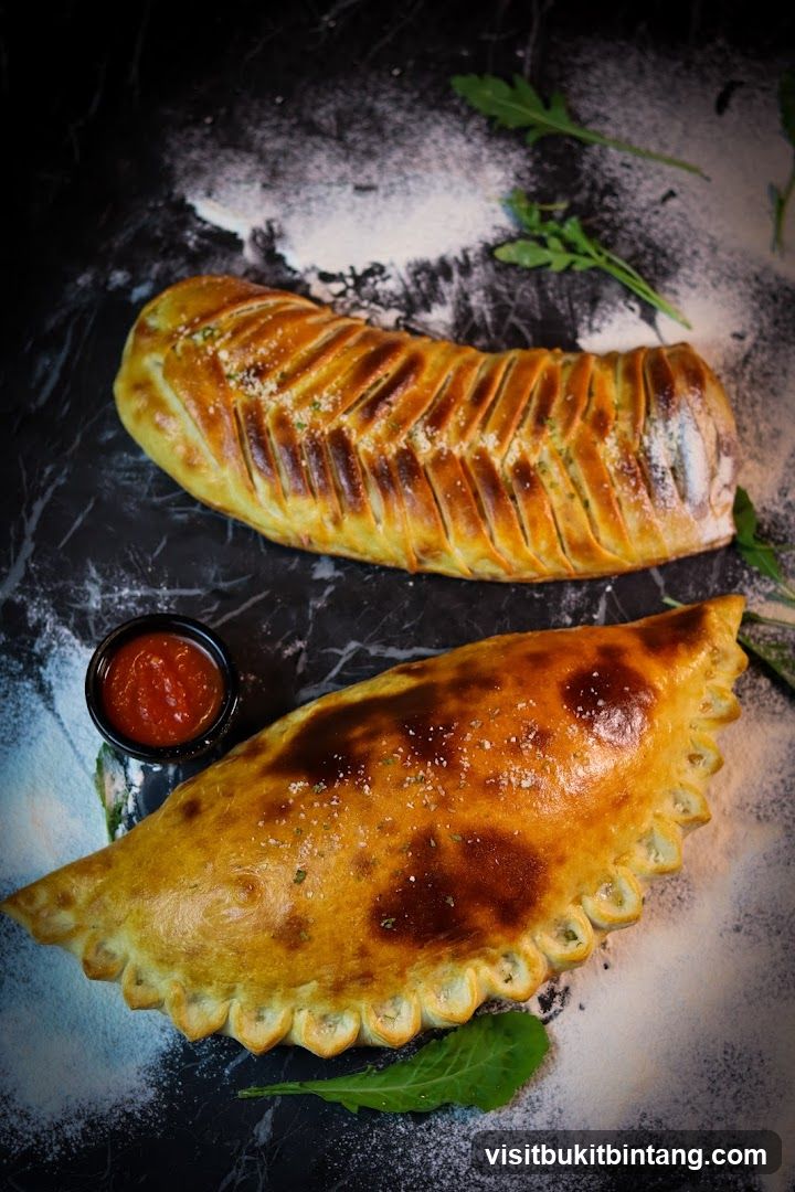 Two baked calzones with a side of dipping sauce
